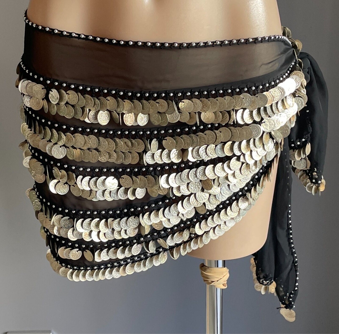 BOLLYWOOD Hip Scarf Black Semi Sheer Belly Dance Studs Jingling Coins Trim
