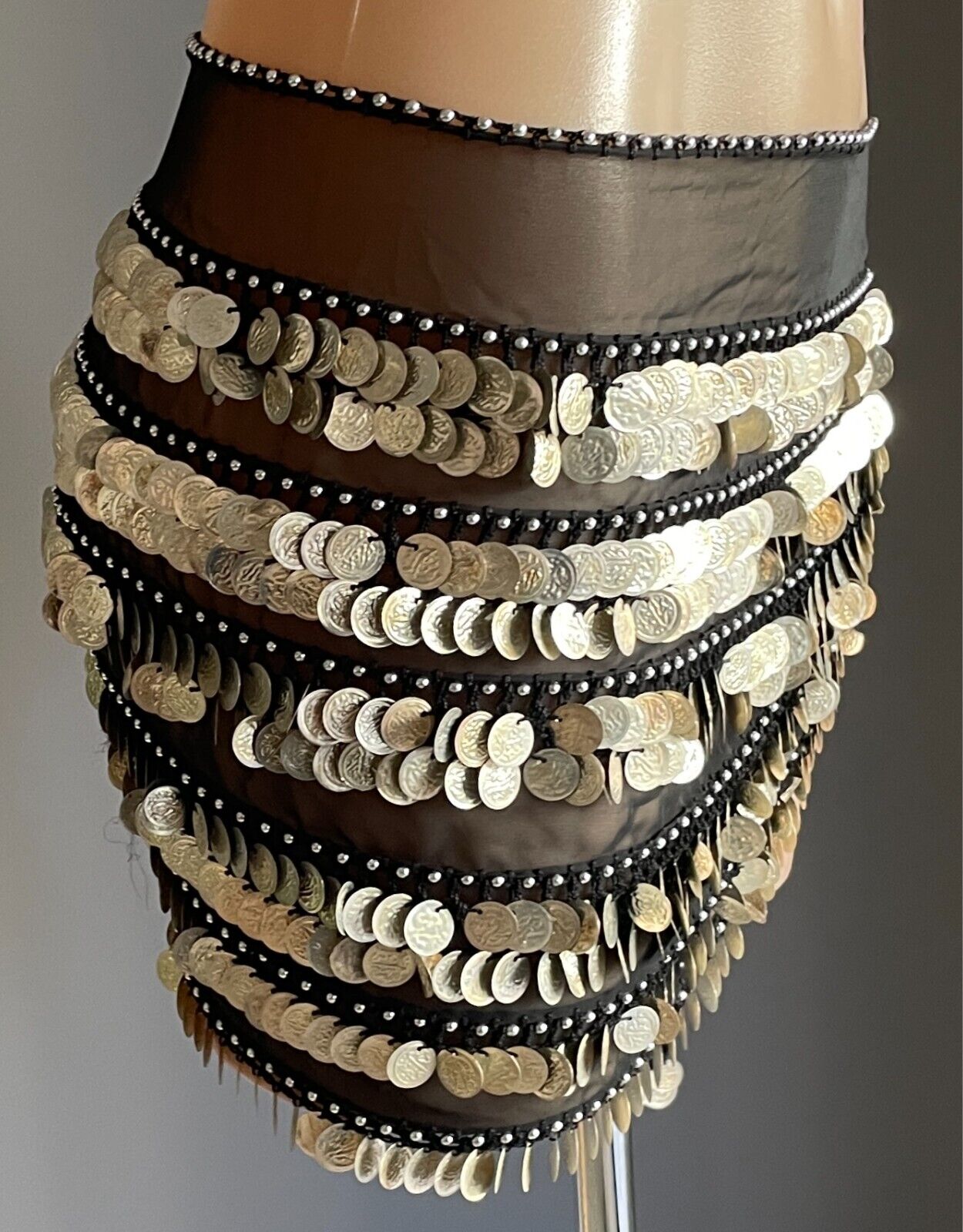 BOLLYWOOD Hip Scarf Black Semi Sheer Belly Dance Studs Jingling Coins Trim