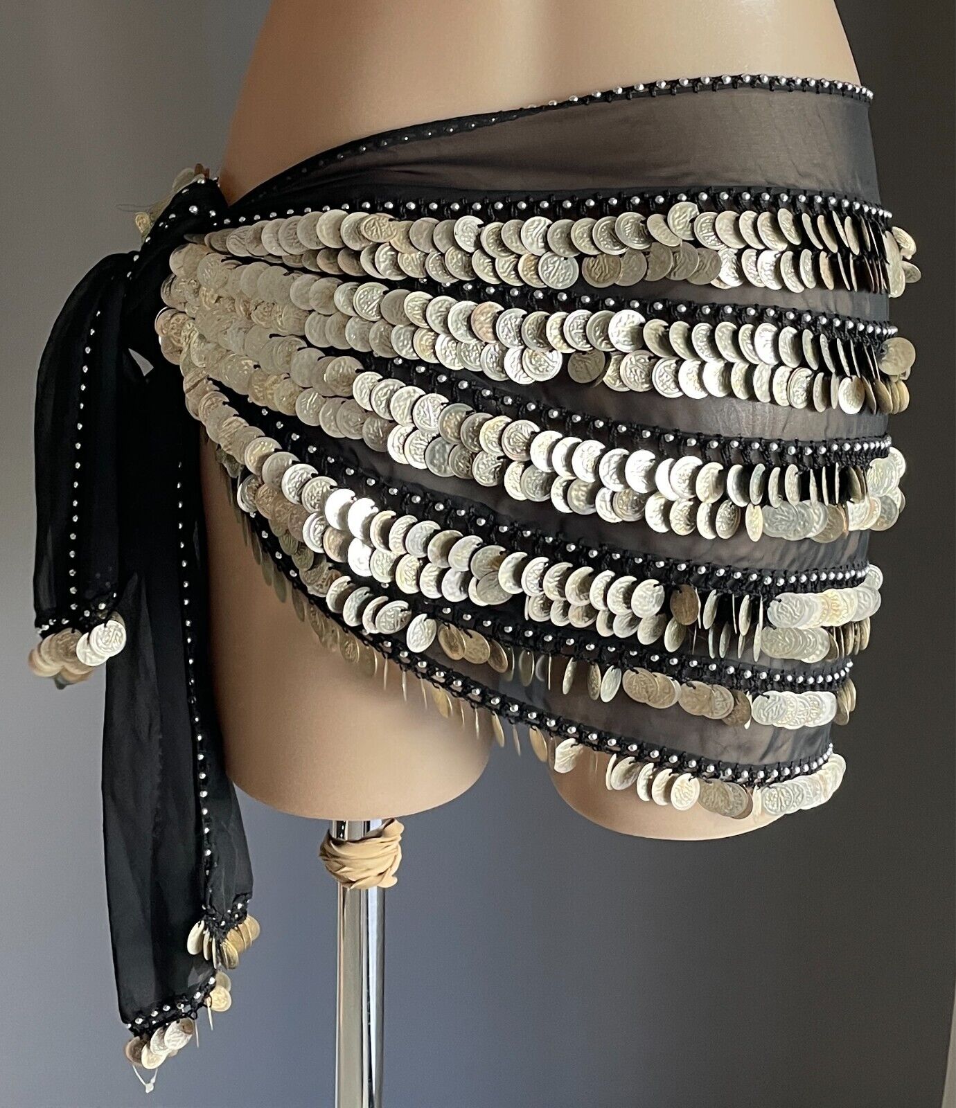 BOLLYWOOD Hip Scarf Black Semi Sheer Belly Dance Studs Jingling Coins Trim