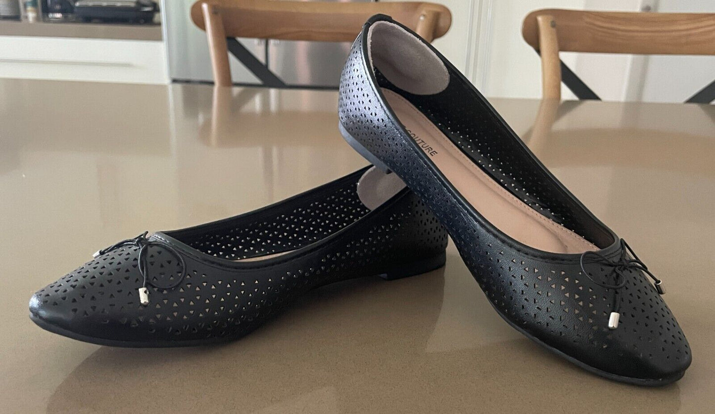 COURT COUTURE "Hadassa" Ballet Flats Black Cut Out Pleather PU Shoes Size 37