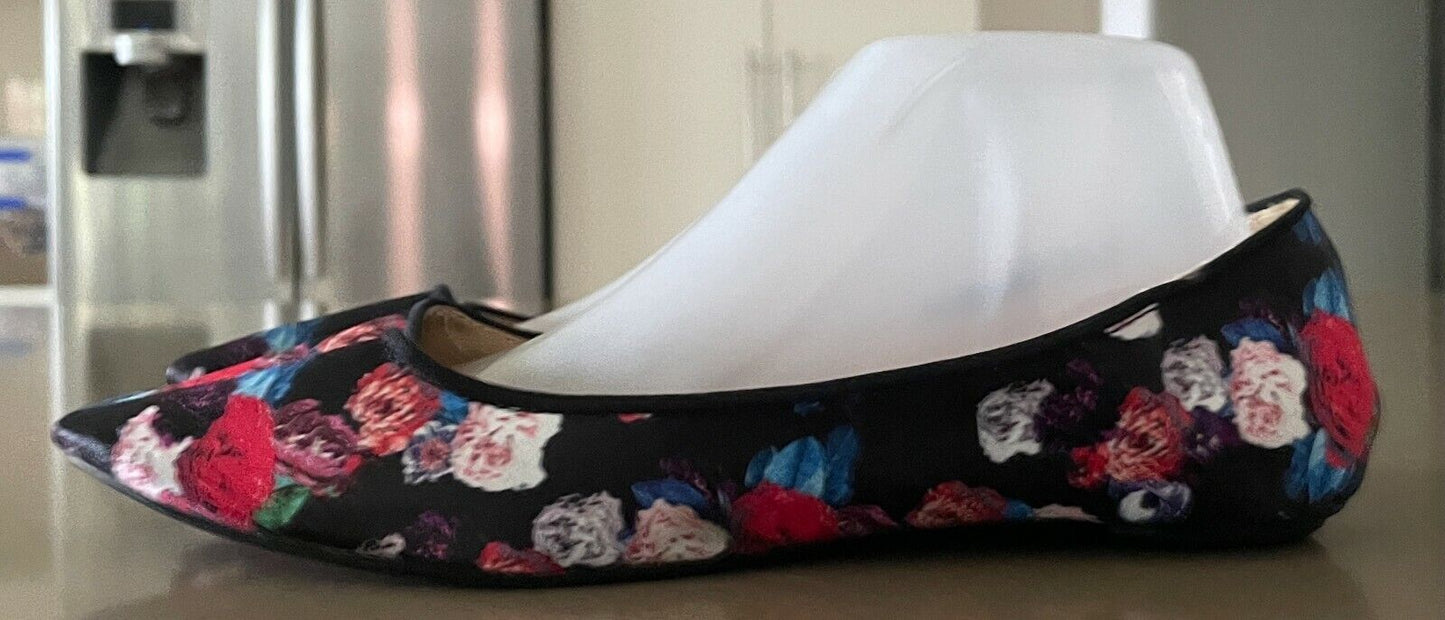 GIRL XPRESS Ballet Flats Black Floral Fabric Pointed Low Cut Shoes Size 8 NEW