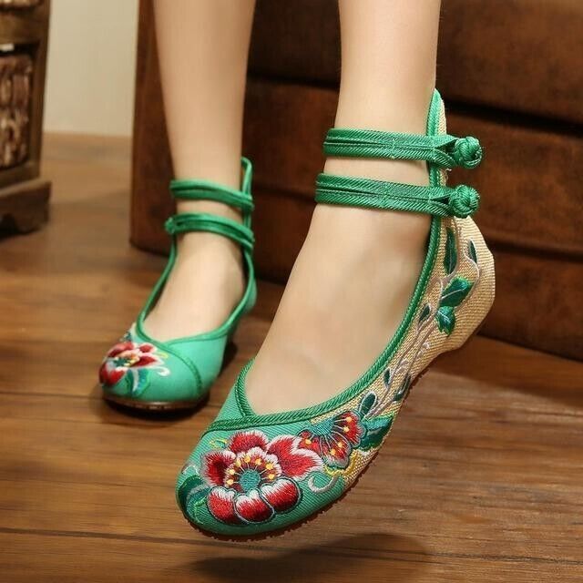 Chinese Old Beijing Cloth Shoes Women Casual Dance Wedges Floral Embroidery Sz 9