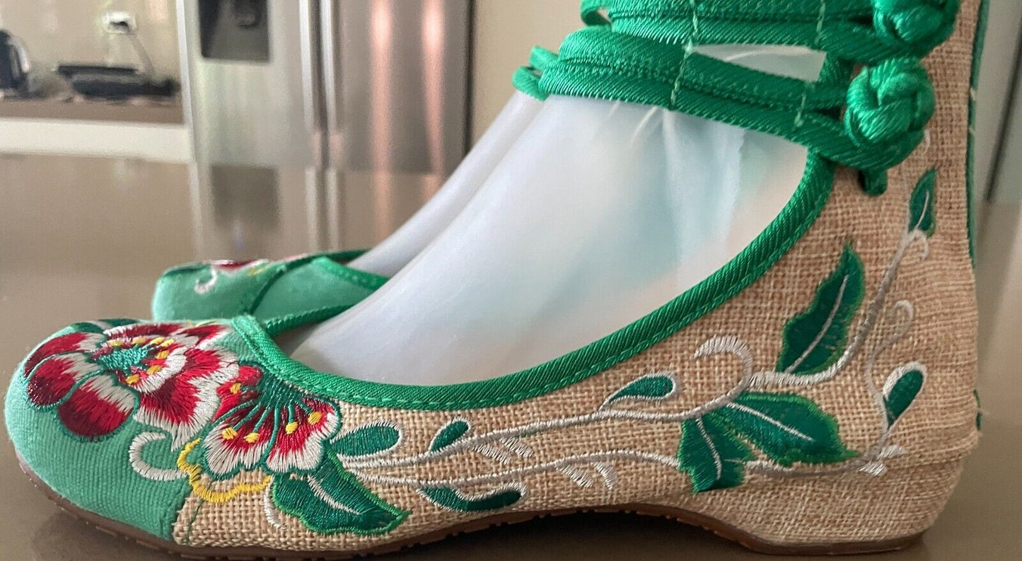 Chinese Old Beijing Cloth Shoes Women Casual Dance Wedges Floral Embroidery Sz 9