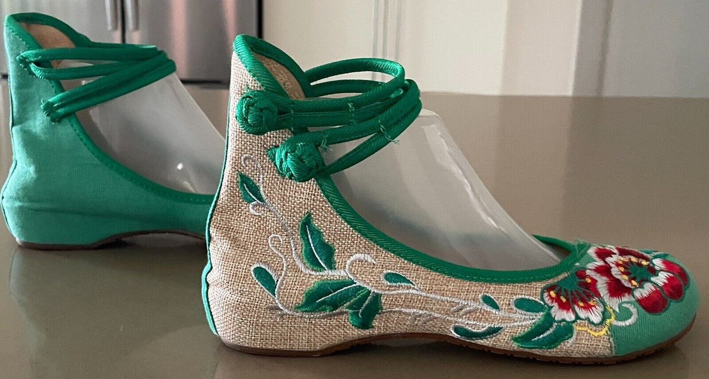Chinese Old Beijing Cloth Shoes Women Casual Dance Wedges Floral Embroidery Sz 9
