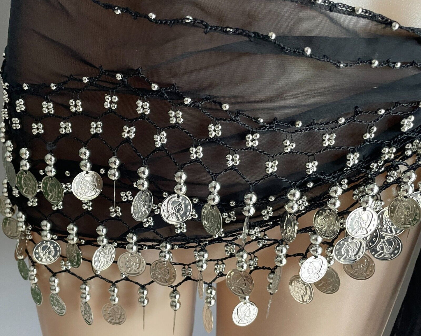 BOLLYWOOD Hip Scarf Black Semi Sheer Belly Dance Studs Jingling Coins Trim Devs