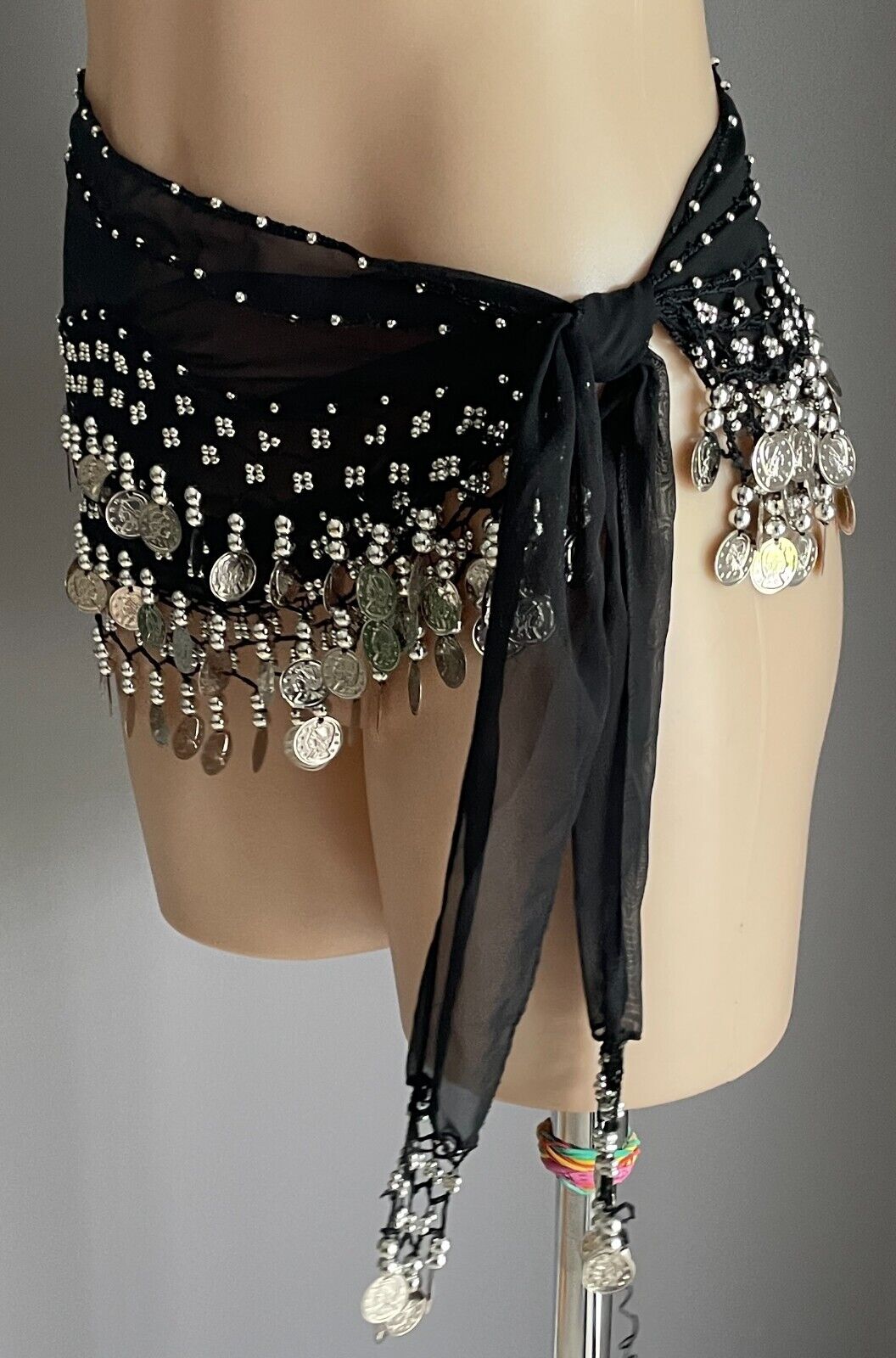 BOLLYWOOD Hip Scarf Black Semi Sheer Belly Dance Studs Jingling Coins Trim Devs