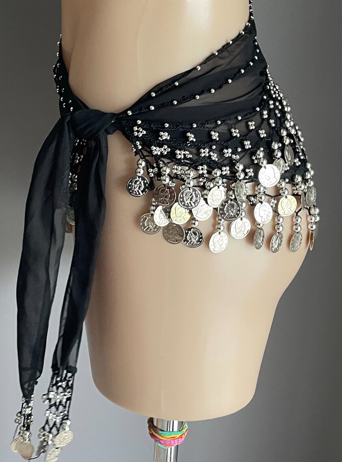 BOLLYWOOD Hip Scarf Black Semi Sheer Belly Dance Studs Jingling Coins Trim Devs