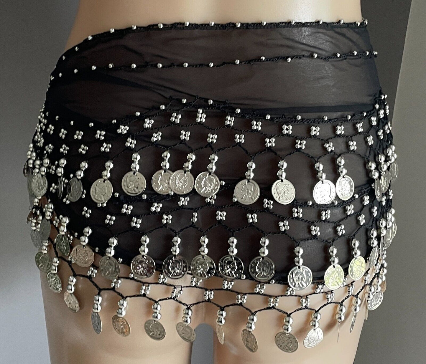 BOLLYWOOD Hip Scarf Black Semi Sheer Belly Dance Studs Jingling Coins Trim Devs