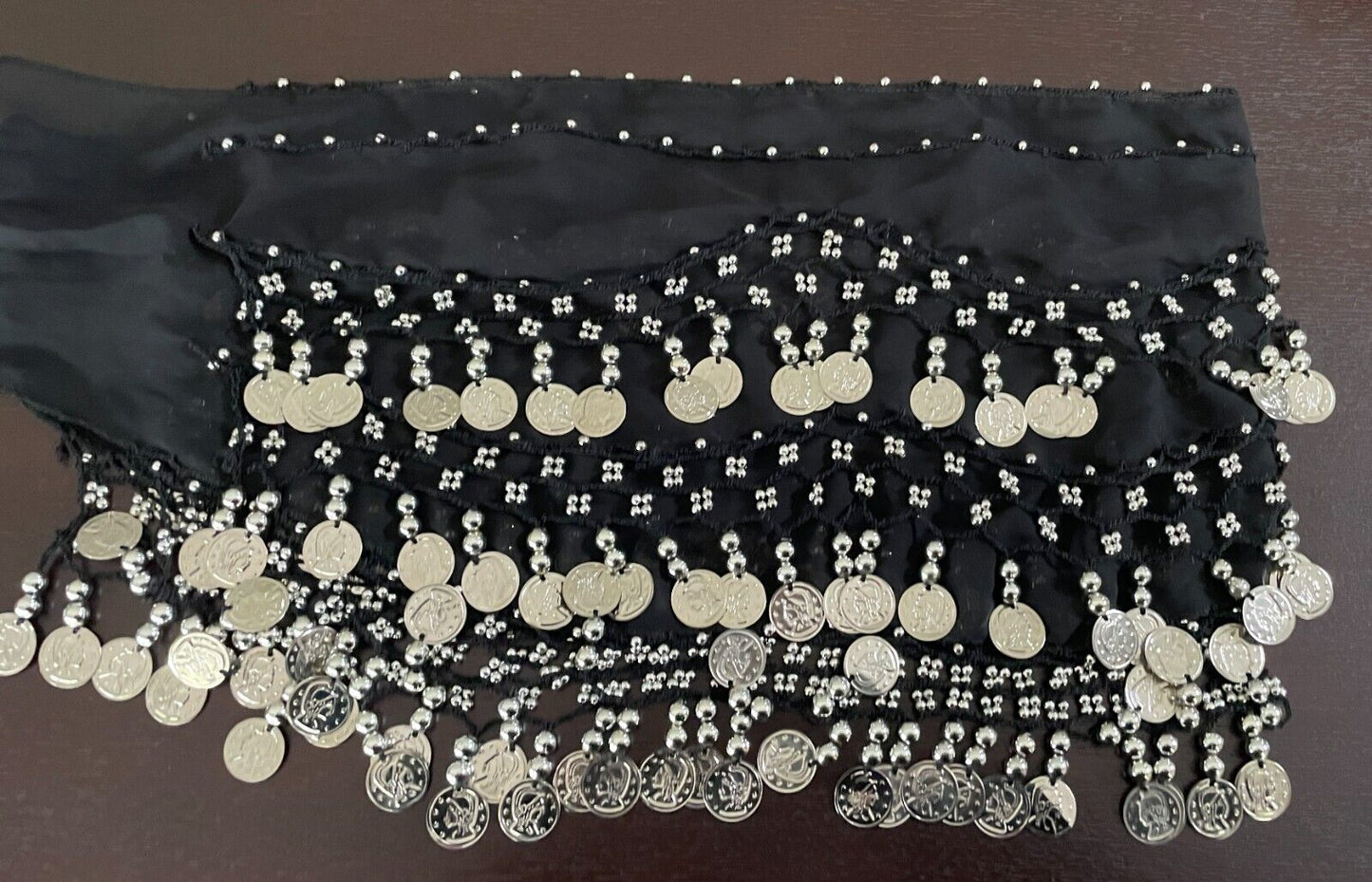 BOLLYWOOD Hip Scarf Black Semi Sheer Belly Dance Studs Jingling Coins Trim Devs