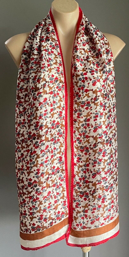 MAHOGANY SILK Scarf Red White Brown Blue Floral & Leaf Print Rectangle Long