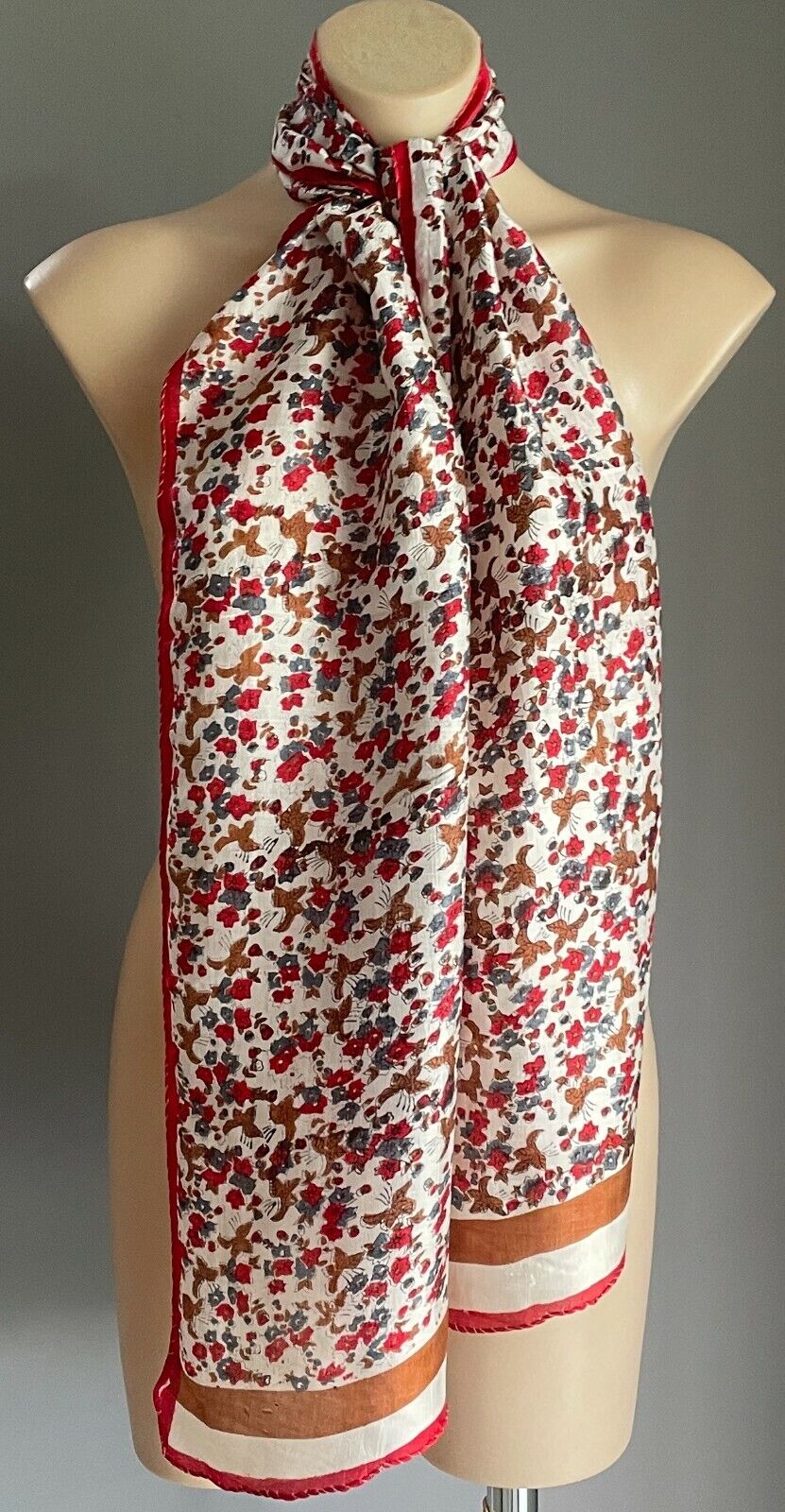 MAHOGANY SILK Scarf Red White Brown Blue Floral & Leaf Print Rectangle Long