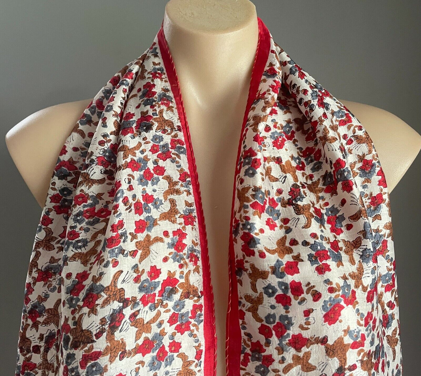 MAHOGANY SILK Scarf Red White Brown Blue Floral & Leaf Print Rectangle Long