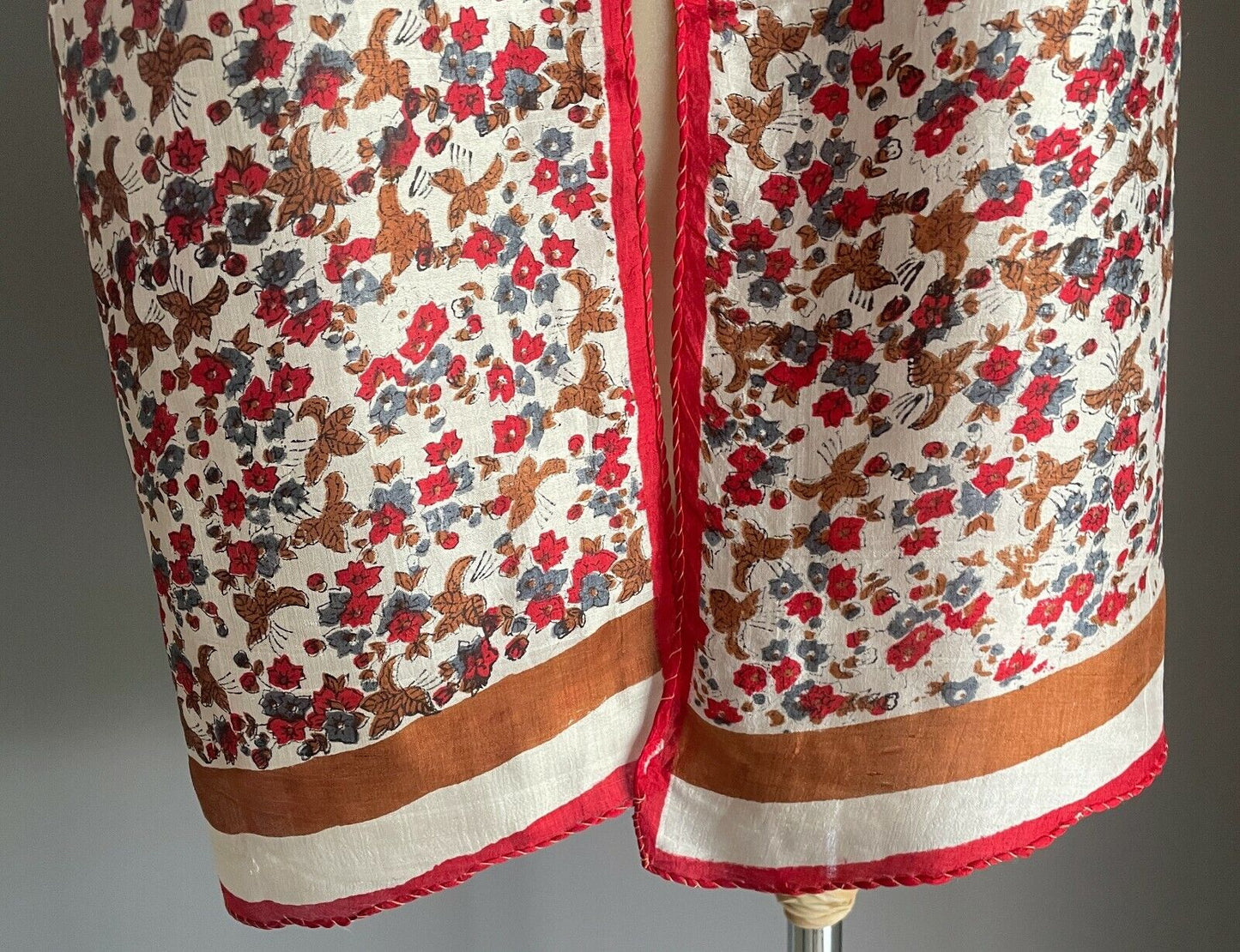 MAHOGANY SILK Scarf Red White Brown Blue Floral & Leaf Print Rectangle Long