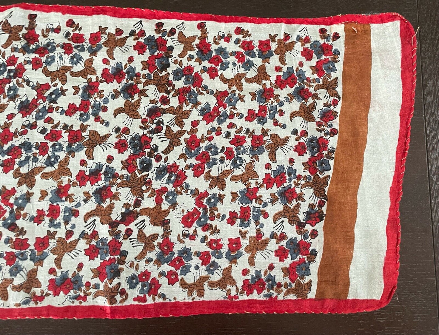 MAHOGANY SILK Scarf Red White Brown Blue Floral & Leaf Print Rectangle Long