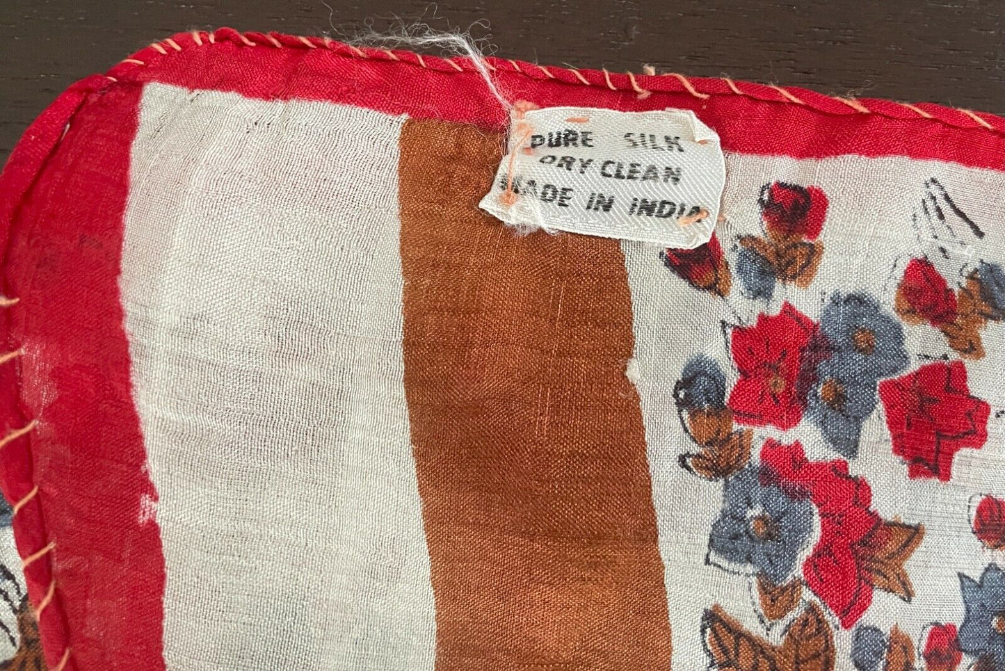 MAHOGANY SILK Scarf Red White Brown Blue Floral & Leaf Print Rectangle Long