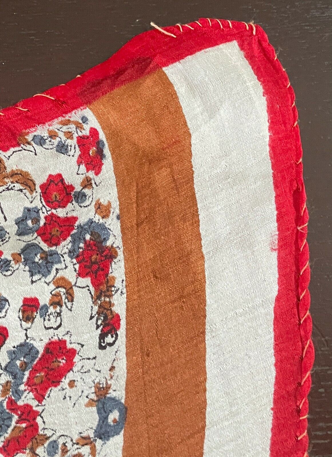 MAHOGANY SILK Scarf Red White Brown Blue Floral & Leaf Print Rectangle Long