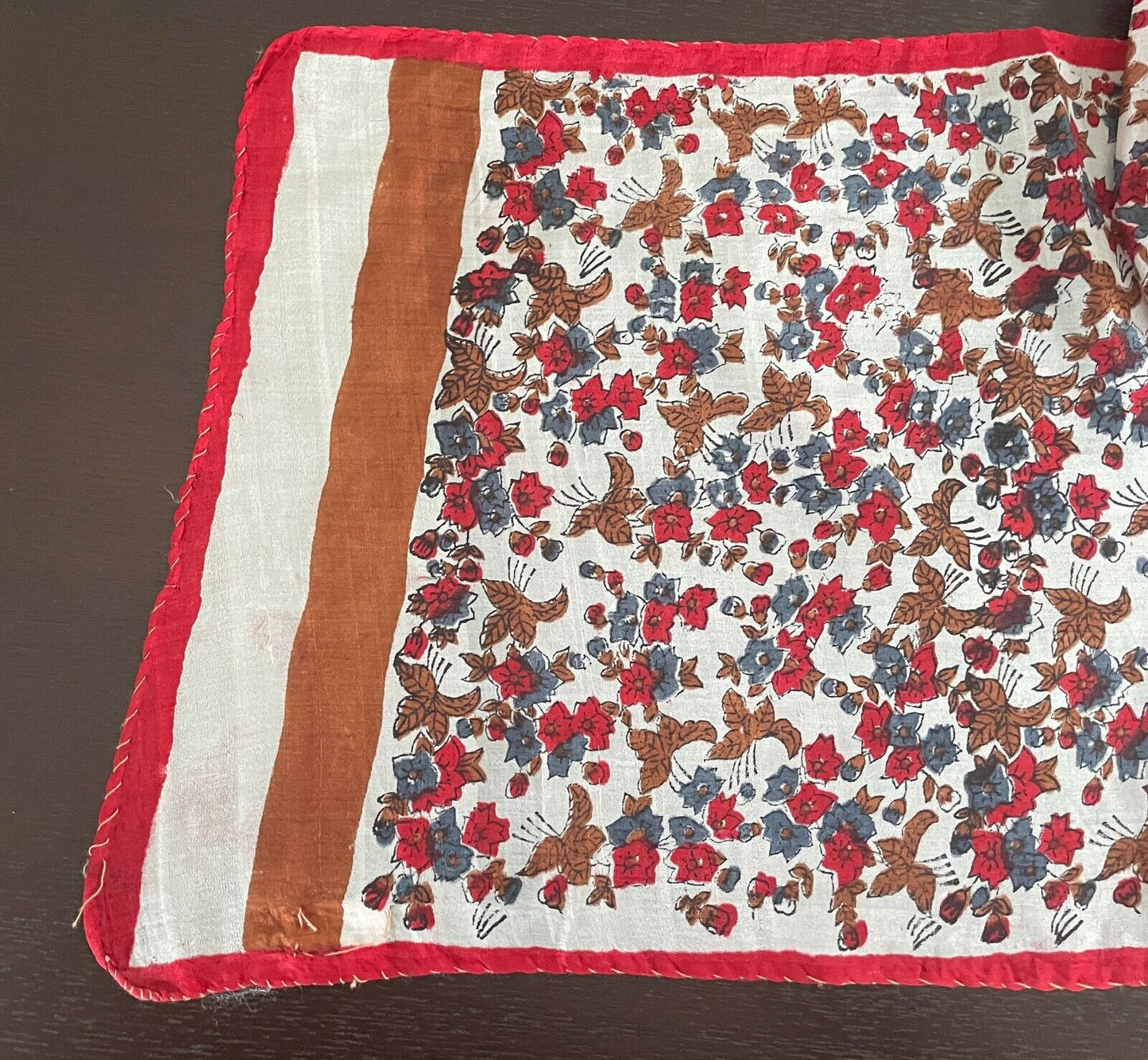 MAHOGANY SILK Scarf Red White Brown Blue Floral & Leaf Print Rectangle Long