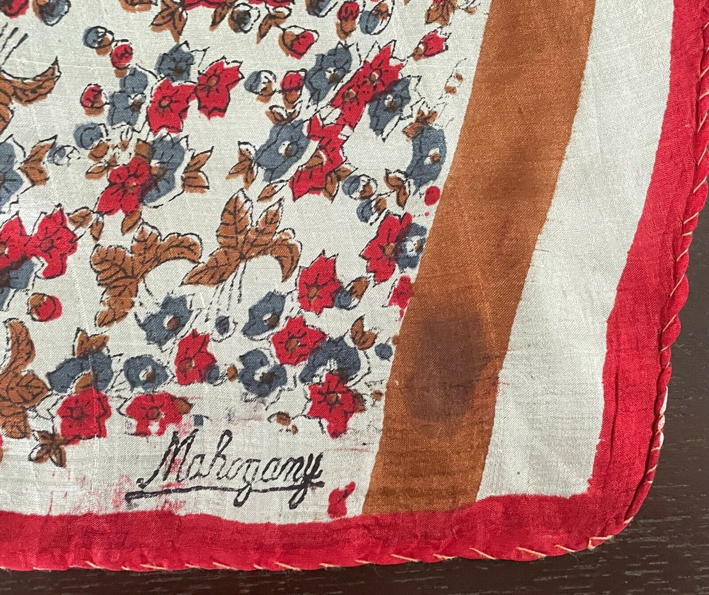 MAHOGANY SILK Scarf Red White Brown Blue Floral & Leaf Print Rectangle Long