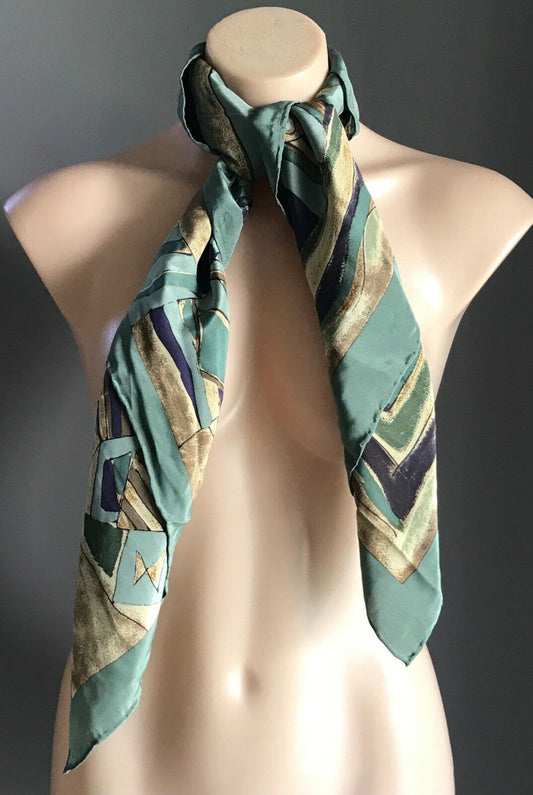 NATUR PUR SILK Scarf Khaki Blue Taupe Brown Abstract Print Wrap 88x90cm Square