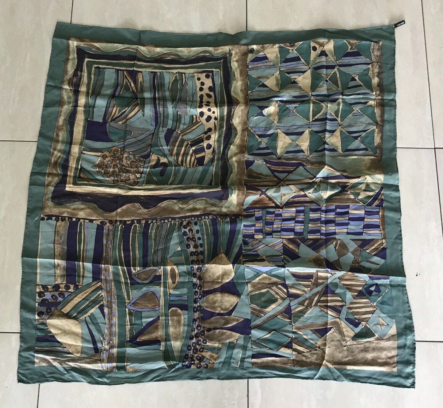 NATUR PUR SILK Scarf Khaki Blue Taupe Brown Abstract Print Wrap 88x90cm Square