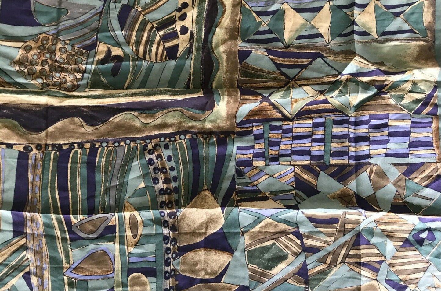 NATUR PUR SILK Scarf Khaki Blue Taupe Brown Abstract Print Wrap 88x90cm Square
