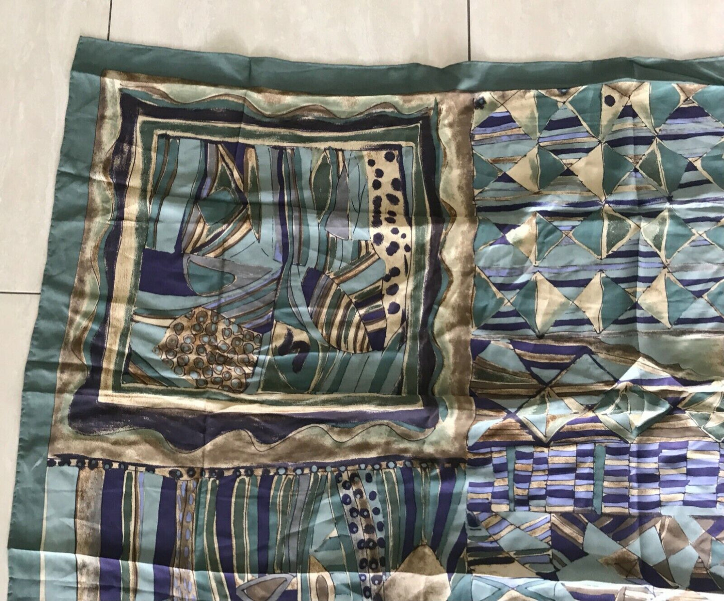 NATUR PUR SILK Scarf Khaki Blue Taupe Brown Abstract Print Wrap 88x90cm Square