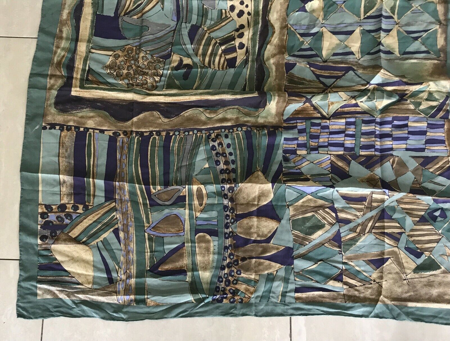 NATUR PUR SILK Scarf Khaki Blue Taupe Brown Abstract Print Wrap 88x90cm Square