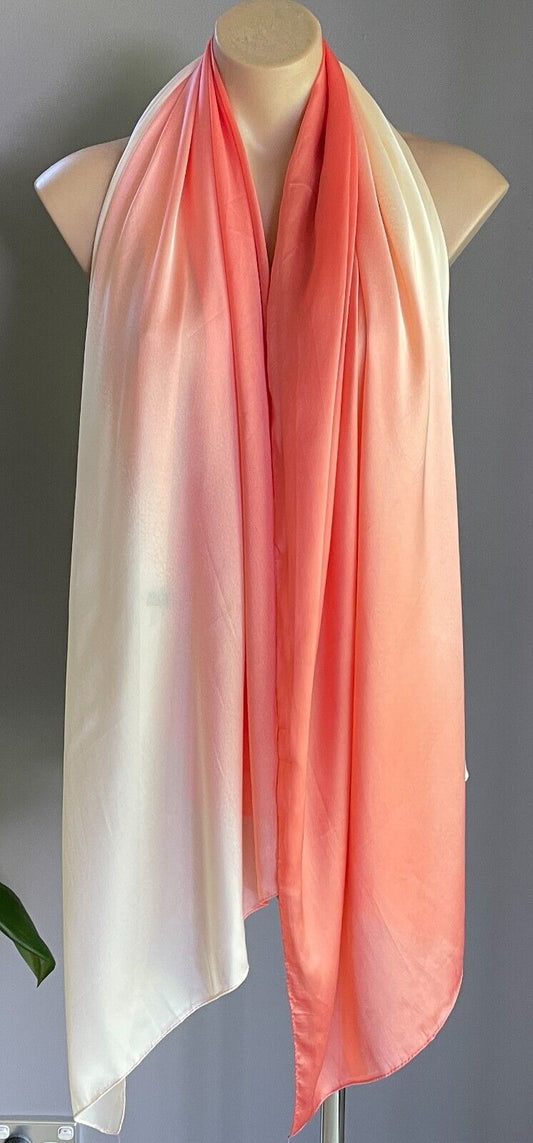 Silk Neck SCARF Coral Red Cream Ombre Wrap Rectangle Shape Gorgeous Colour Combo
