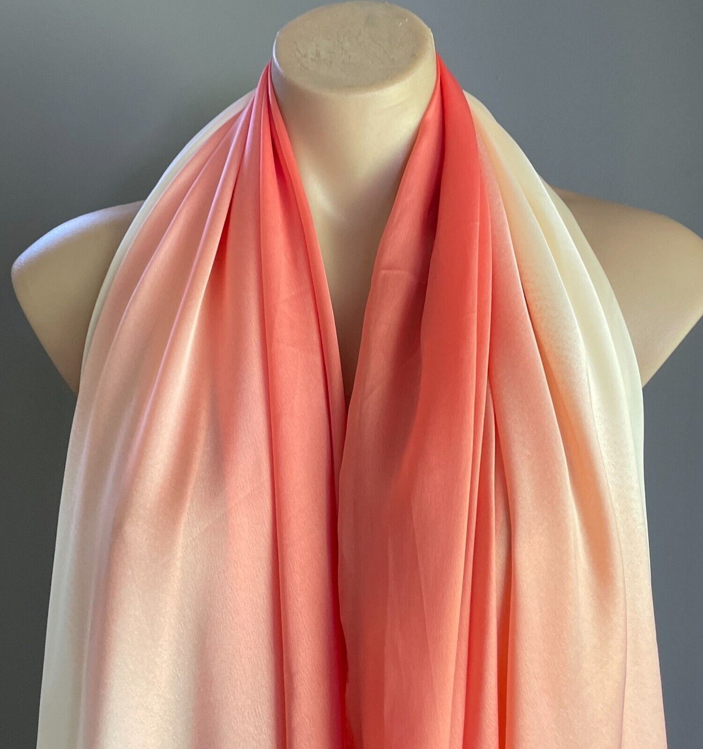 Silk Neck SCARF Coral Red Cream Ombre Wrap Rectangle Shape Gorgeous Colour Combo