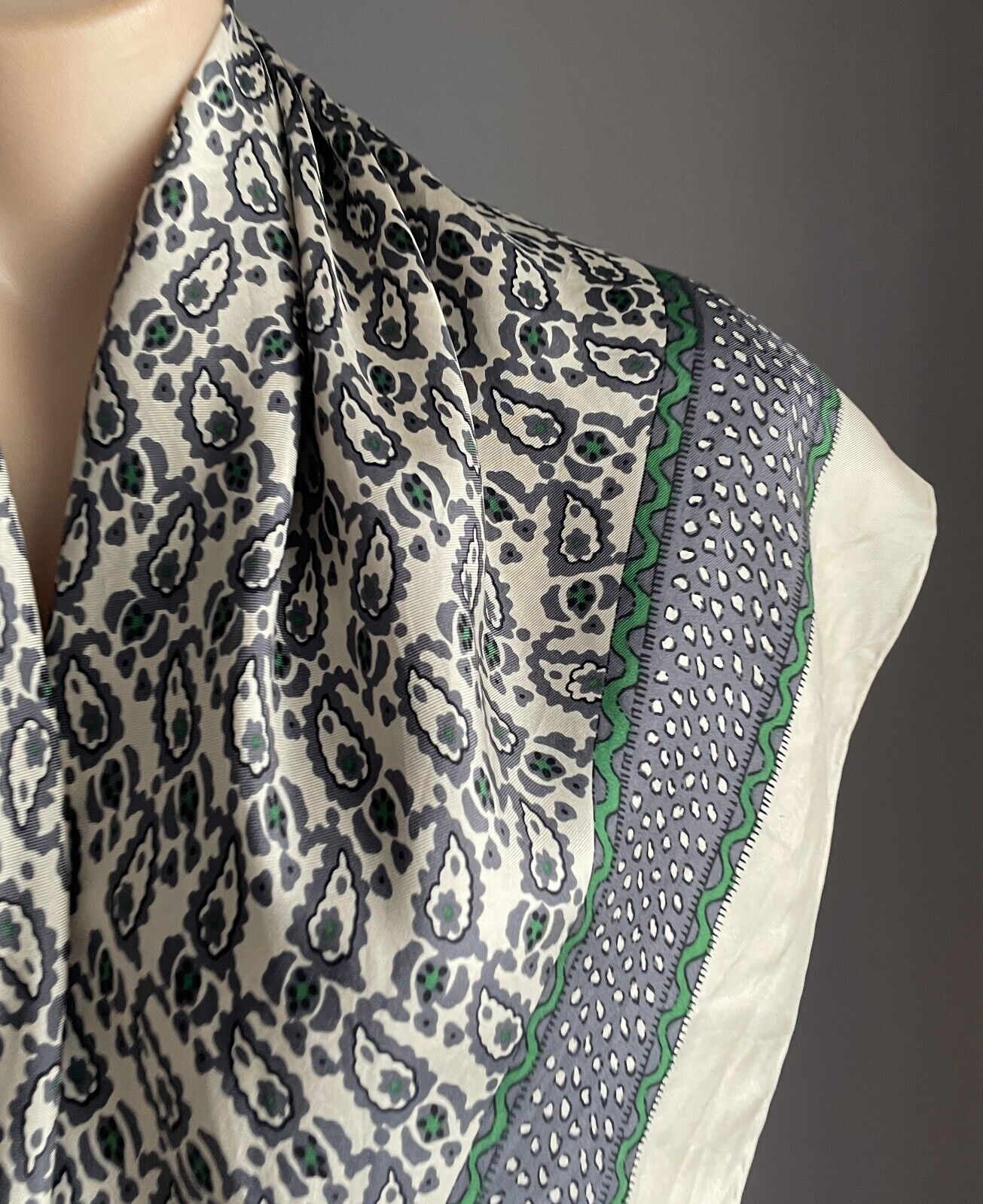 COUNTRY ROAD Silk Neck Scarf Beige Green Grey Abstract Print Large 88cm Square