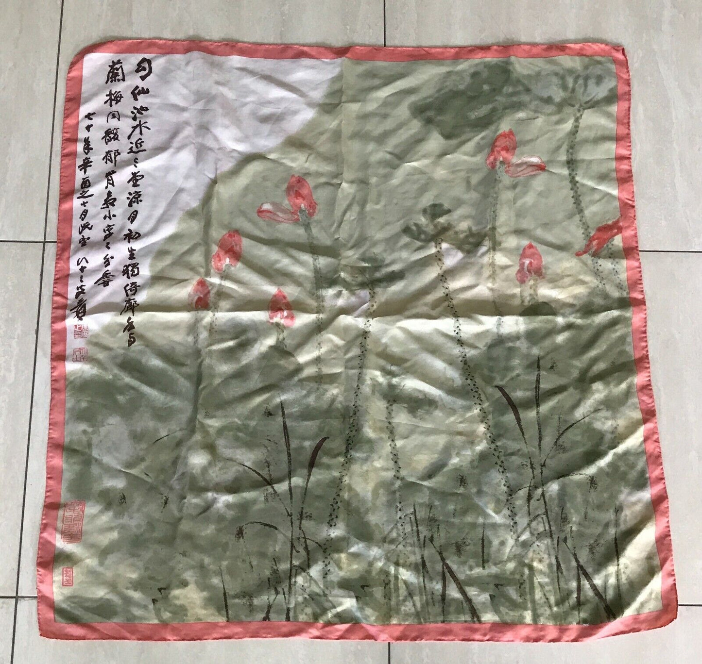Square Neck SCARF Japanese Silk Green Coral Red Off White WaterColour Pink 79cm