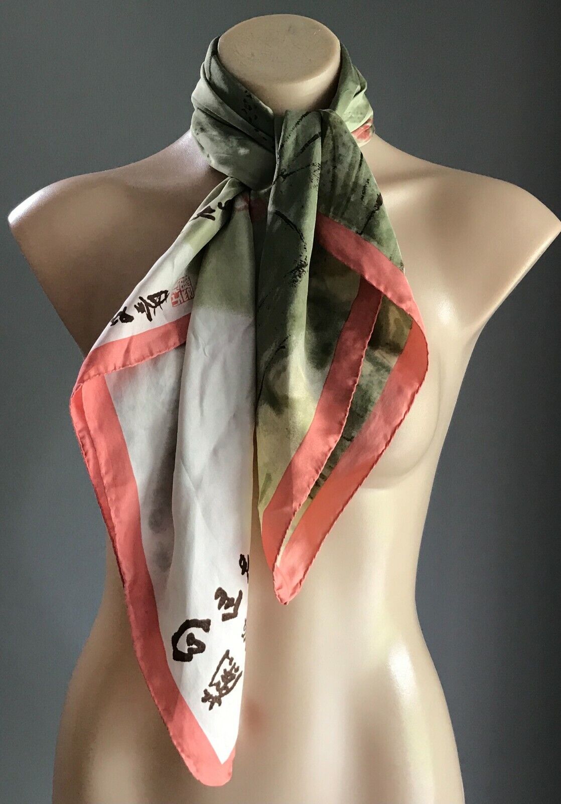 Square Neck SCARF Japanese Silk Green Coral Red Off White WaterColour Pink 79cm