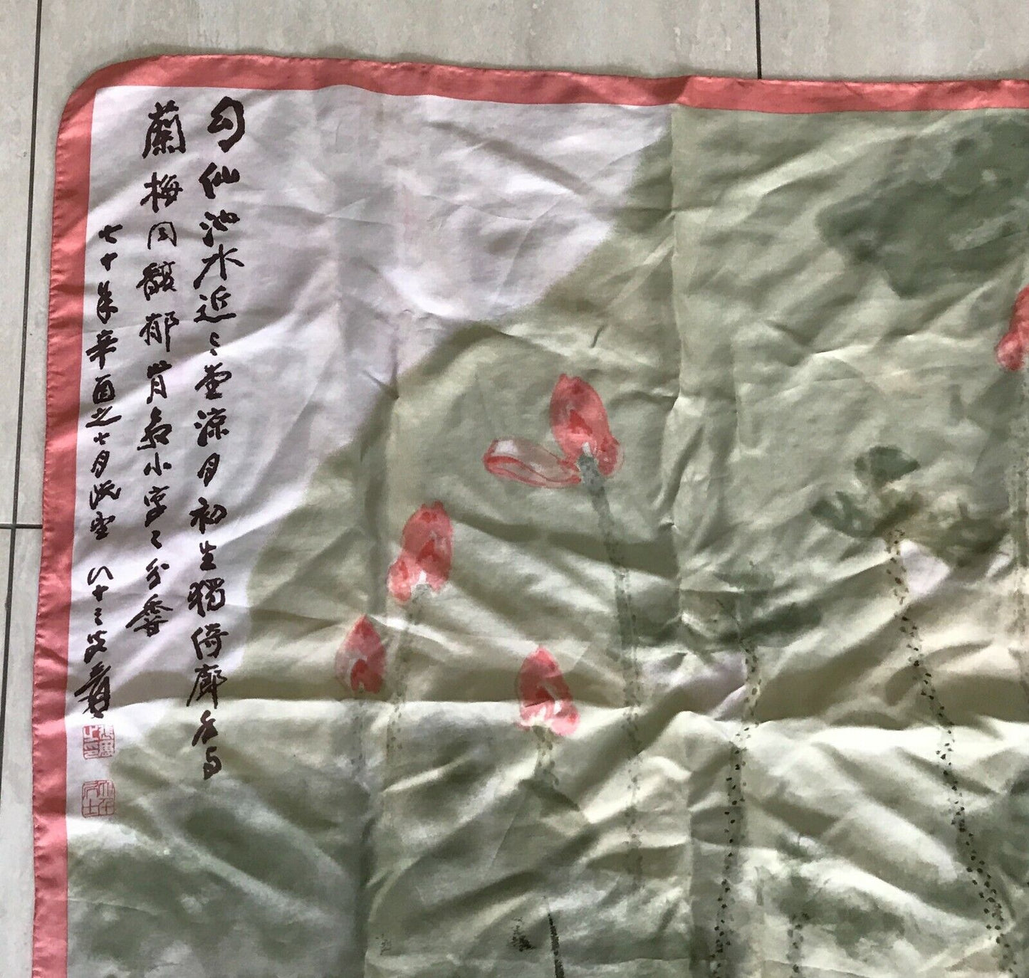Square Neck SCARF Japanese Silk Green Coral Red Off White WaterColour Pink 79cm