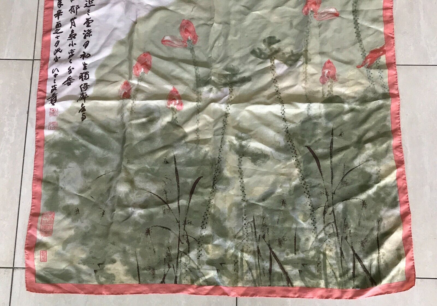 Square Neck SCARF Japanese Silk Green Coral Red Off White WaterColour Pink 79cm