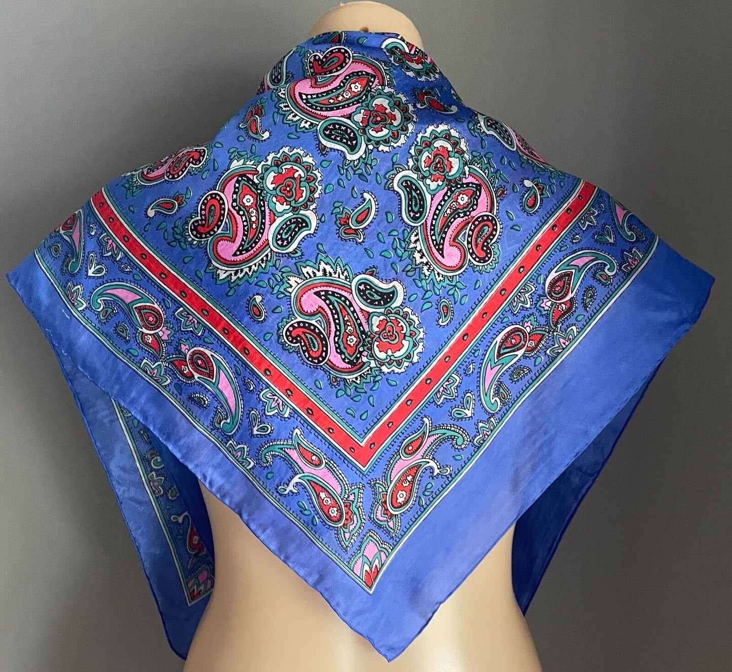 WAGON 100% SILK Square Neck Scarf Blue Green Red White Paisley Foulard 81 x85 cm