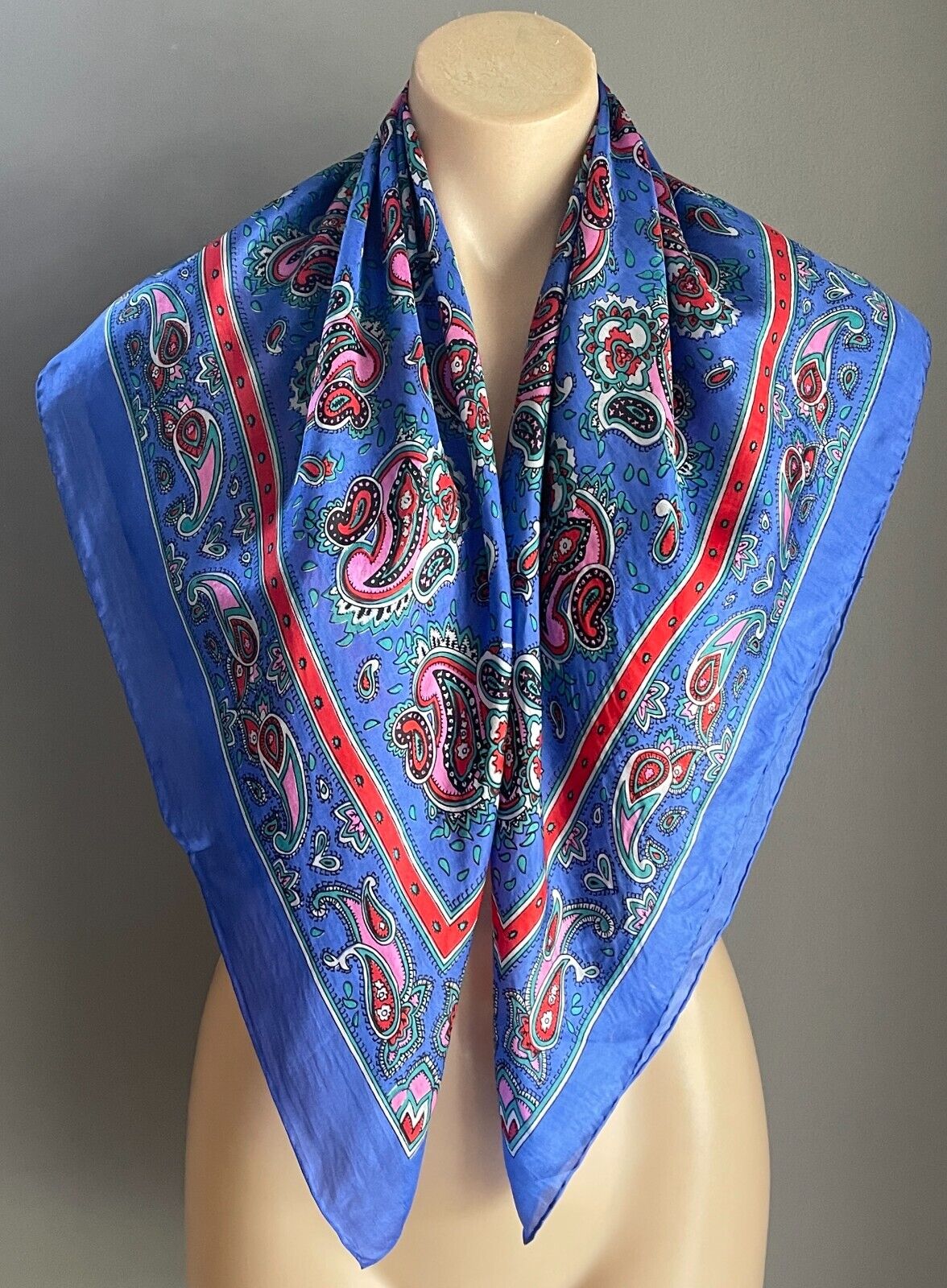 WAGON 100% SILK Square Neck Scarf Blue Green Red White Paisley Foulard 81 x85 cm