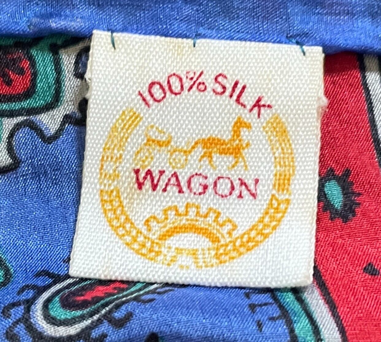 WAGON 100% SILK Square Neck Scarf Blue Green Red White Paisley Foulard 81 x85 cm