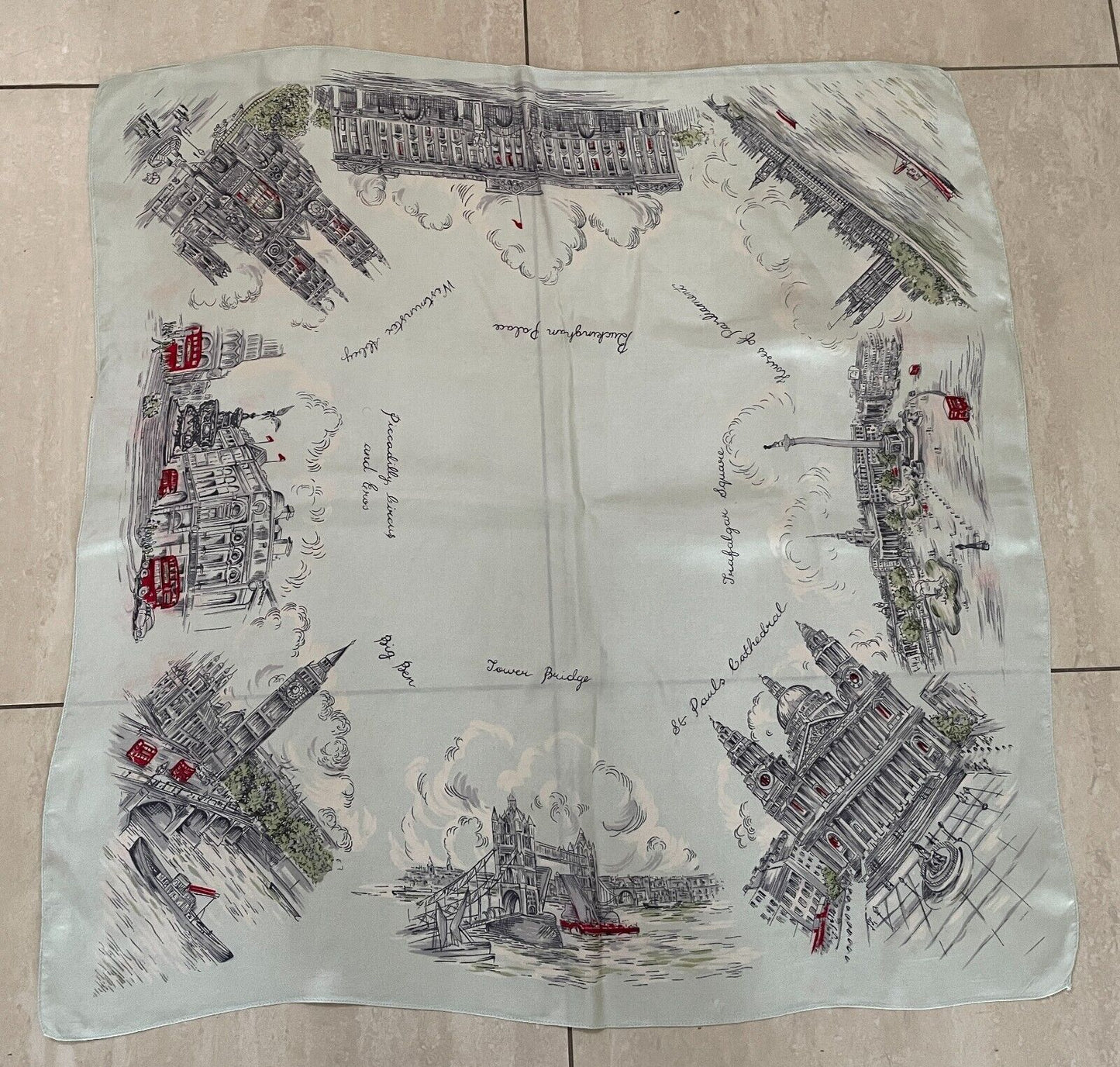 Square Neck SCARF English Silk London Tourist Spots Souvenir Sage Green 66cm