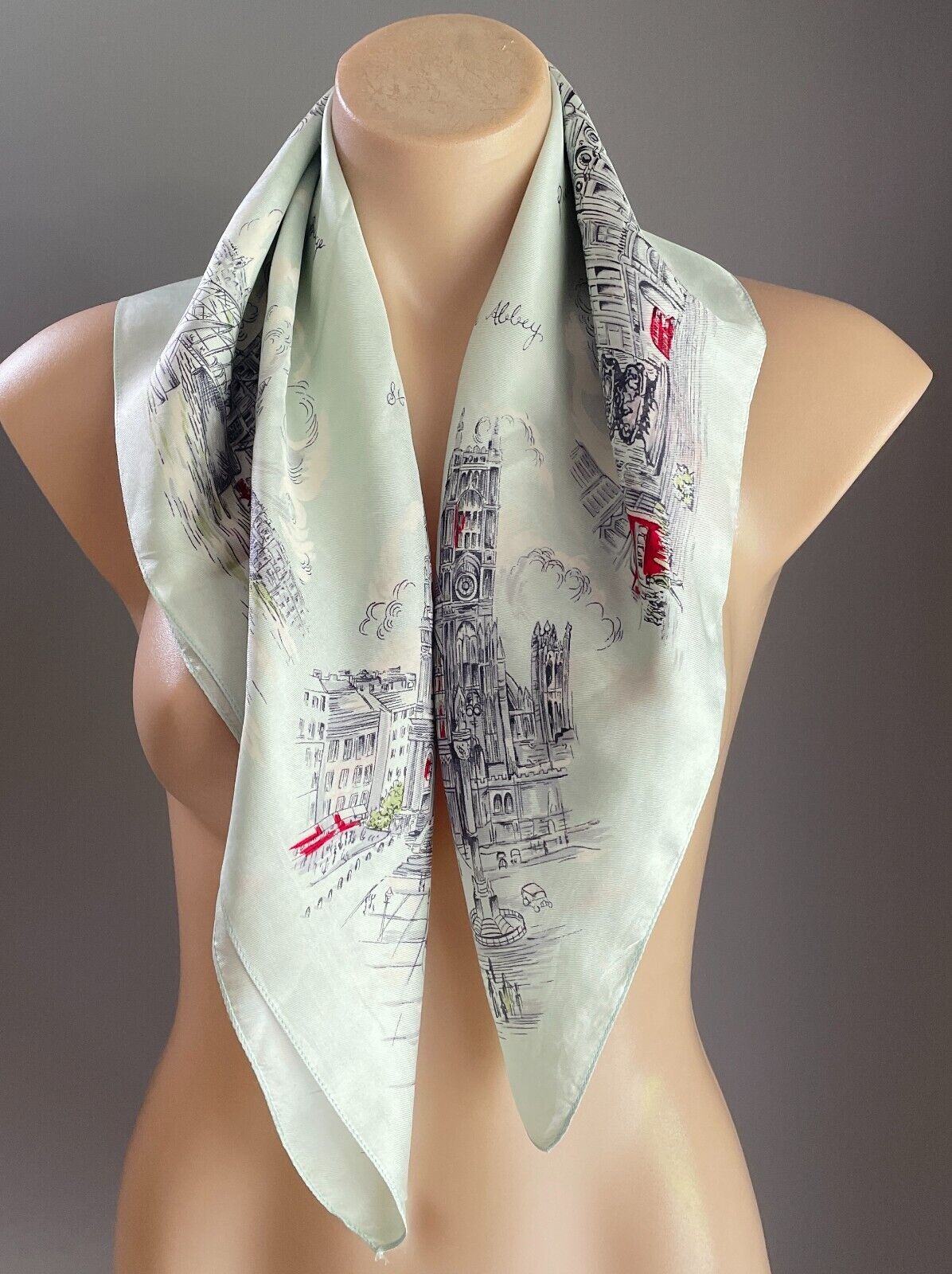 Square Neck SCARF English Silk London Tourist Spots Souvenir Sage Green 66cm