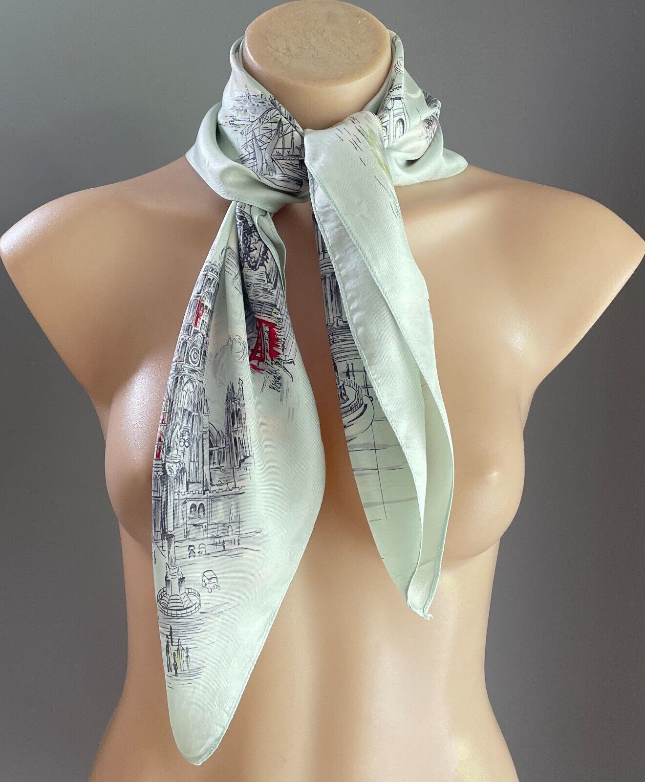 Square Neck SCARF English Silk London Tourist Spots Souvenir Sage Green 66cm