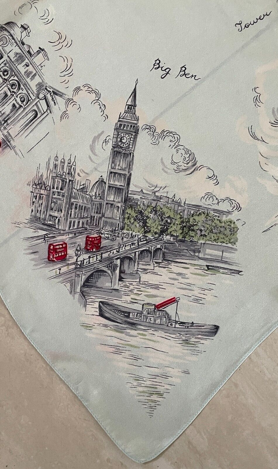 Square Neck SCARF English Silk London Tourist Spots Souvenir Sage Green 66cm