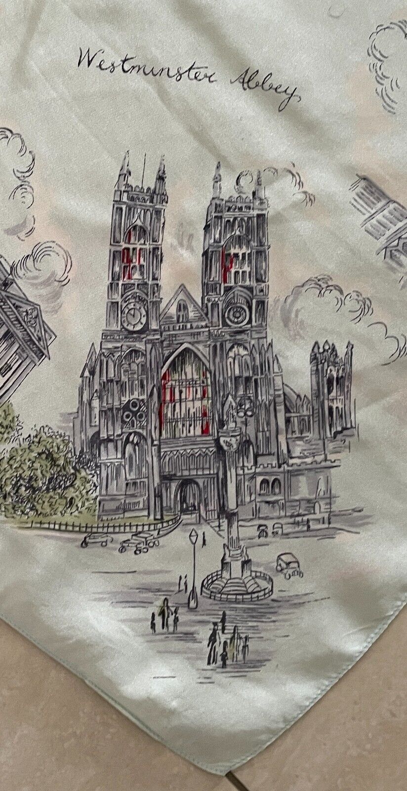 Square Neck SCARF English Silk London Tourist Spots Souvenir Sage Green 66cm