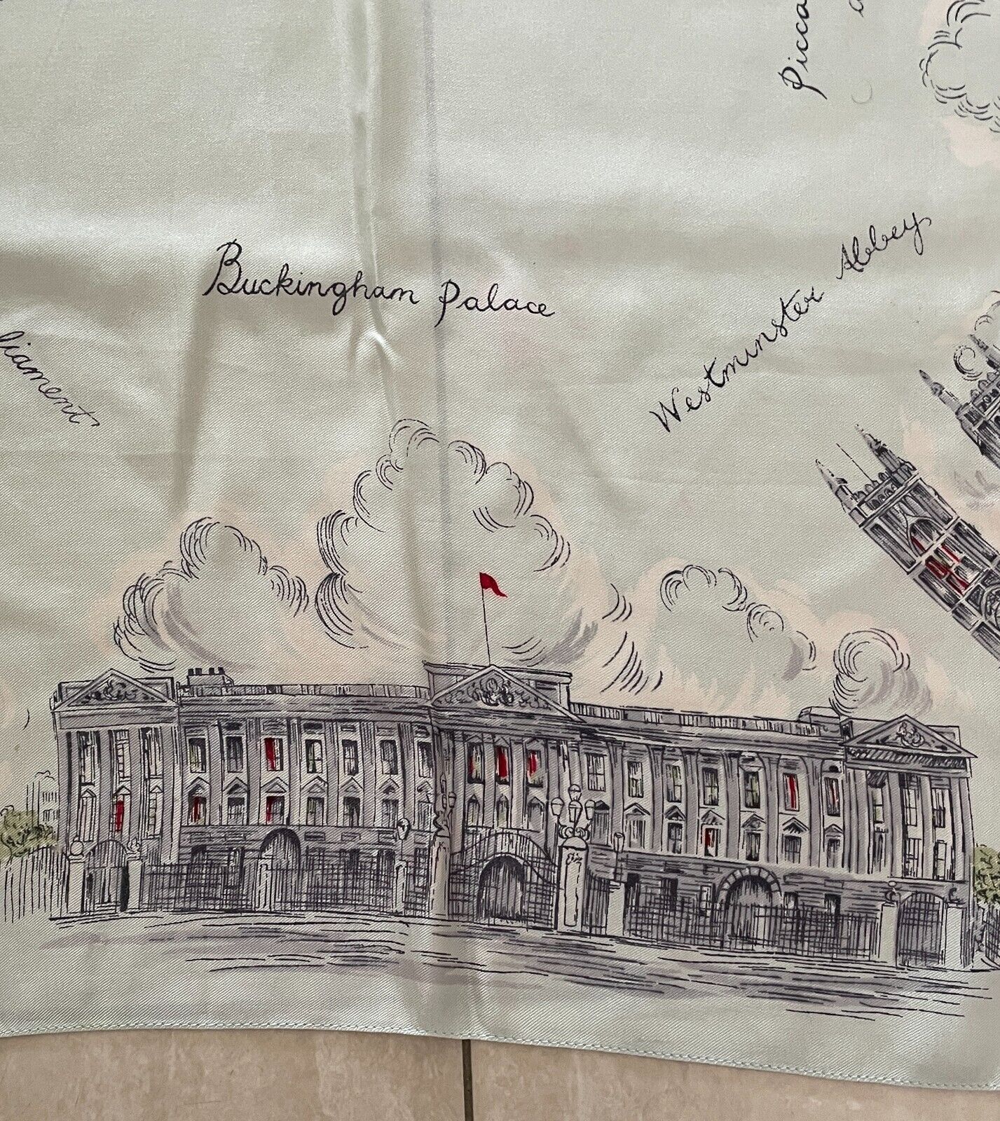 Square Neck SCARF English Silk London Tourist Spots Souvenir Sage Green 66cm