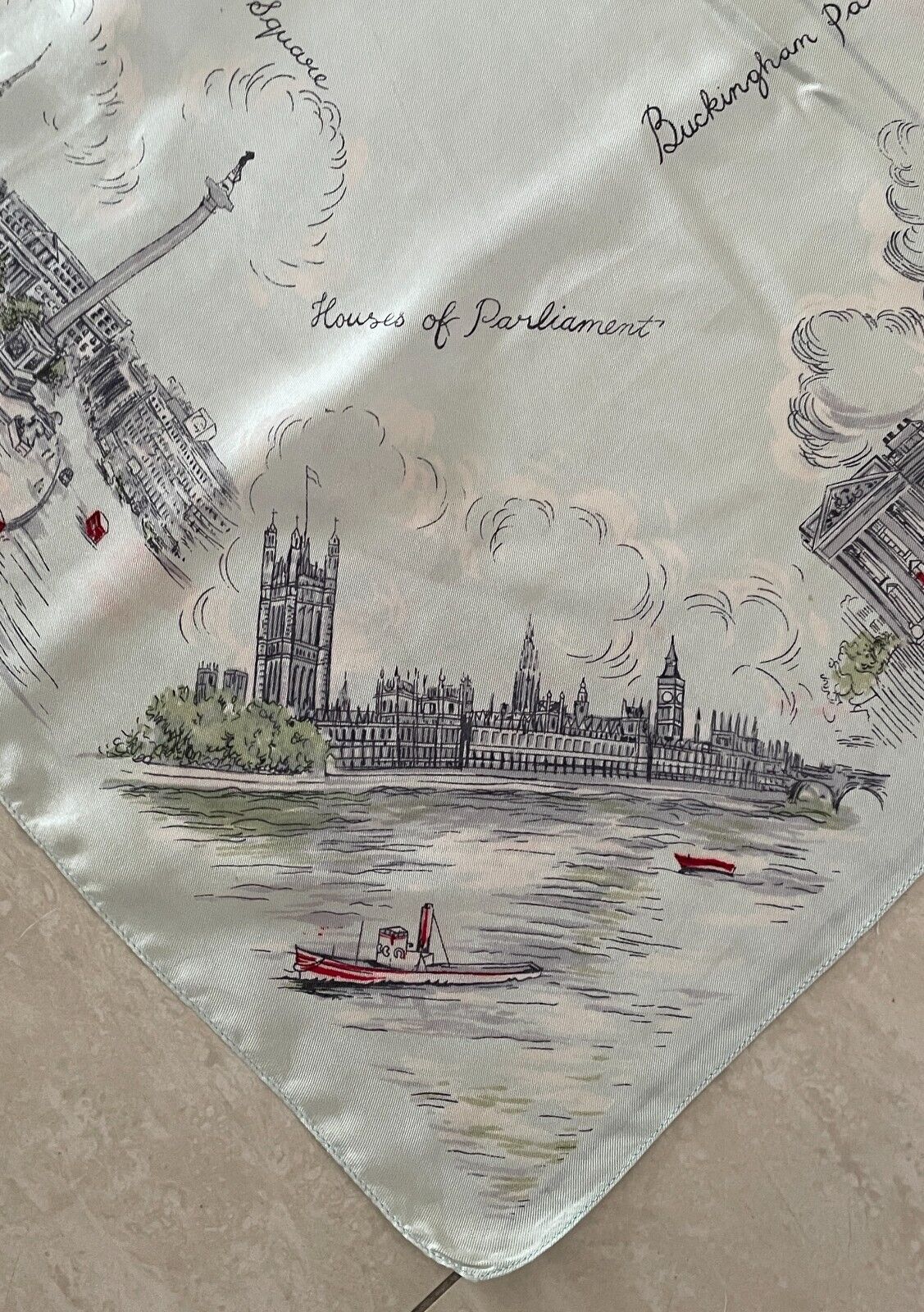 Square Neck SCARF English Silk London Tourist Spots Souvenir Sage Green 66cm