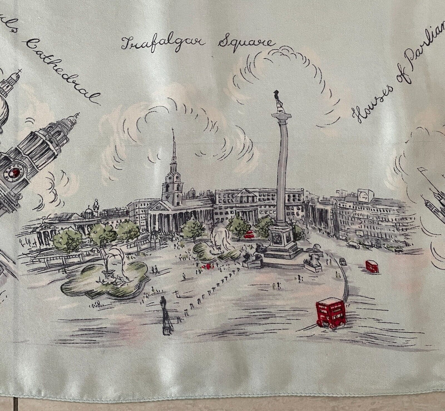 Square Neck SCARF English Silk London Tourist Spots Souvenir Sage Green 66cm