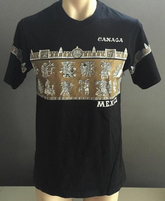 Mens T-Shirt UAXACA MEXICO Black & GoId Aztec Print  Souvenir Tee Size M NEW
