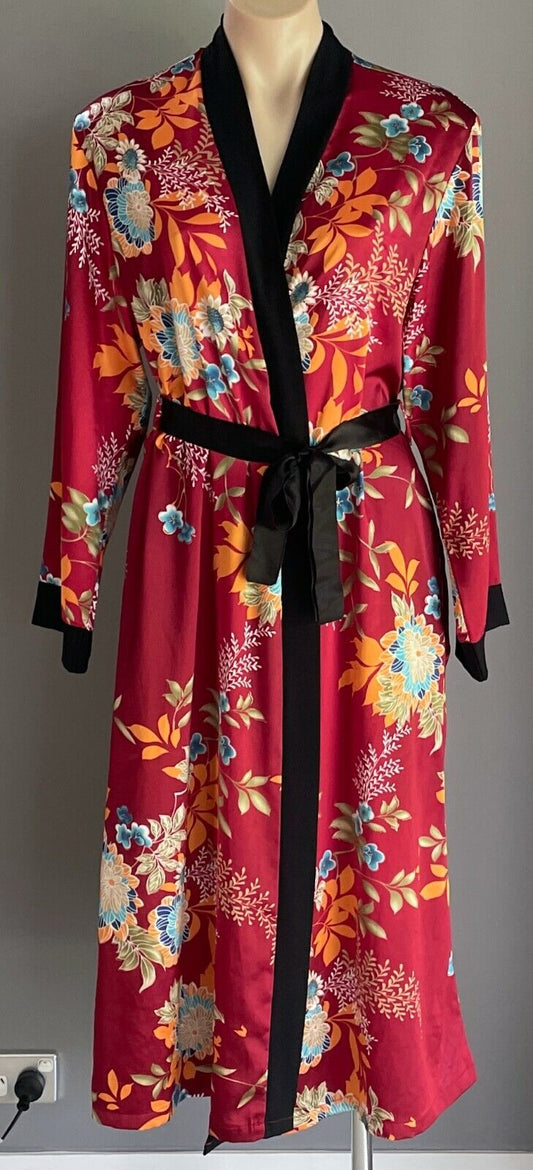 PIERRE CARDIN Long Bath Robe Maroon Floral Print Lounge Wear Size M 12 Vintage