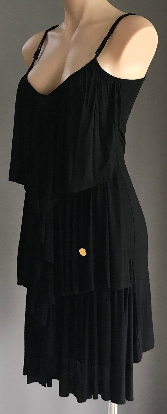 PIERRE CARDIN Dress Black Sleeveless Ruffle Tier Front Knee Length Size 32 AU 10