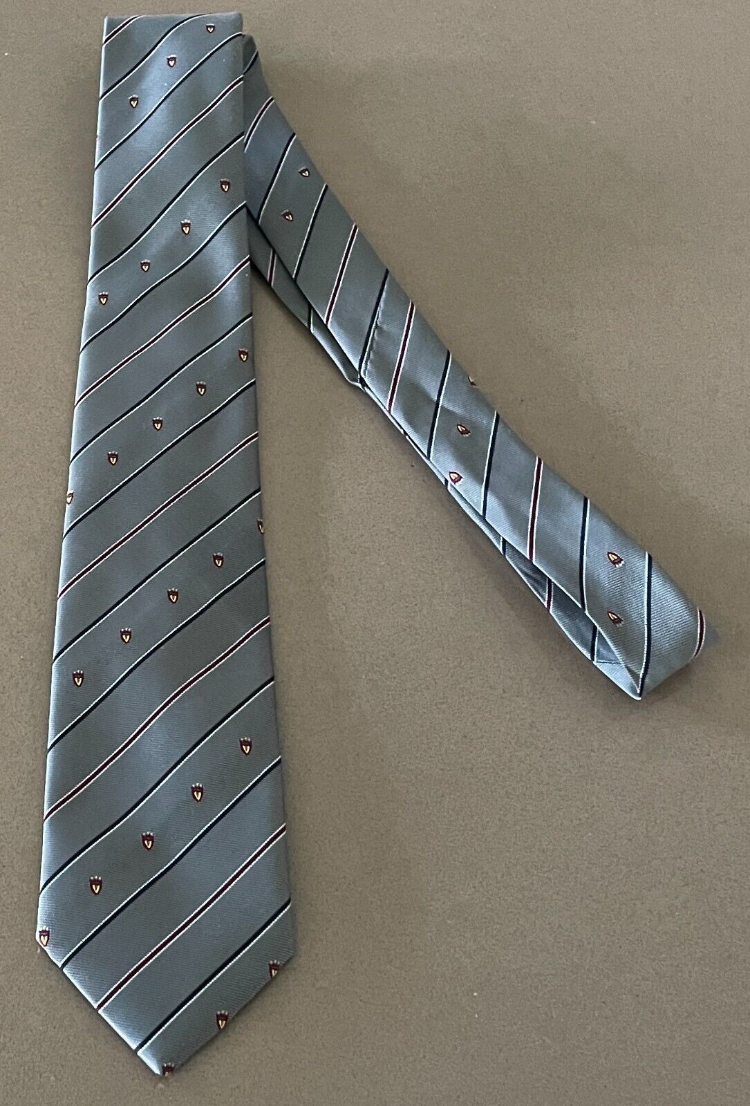 Vintage PIERRE CARDIN Khaki Maroon Navy White Stripe Crest Polyester Neck Tie