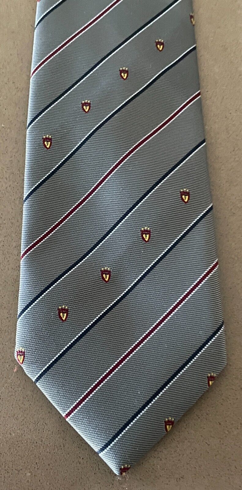 Vintage PIERRE CARDIN Khaki Maroon Navy White Stripe Crest Polyester Neck Tie